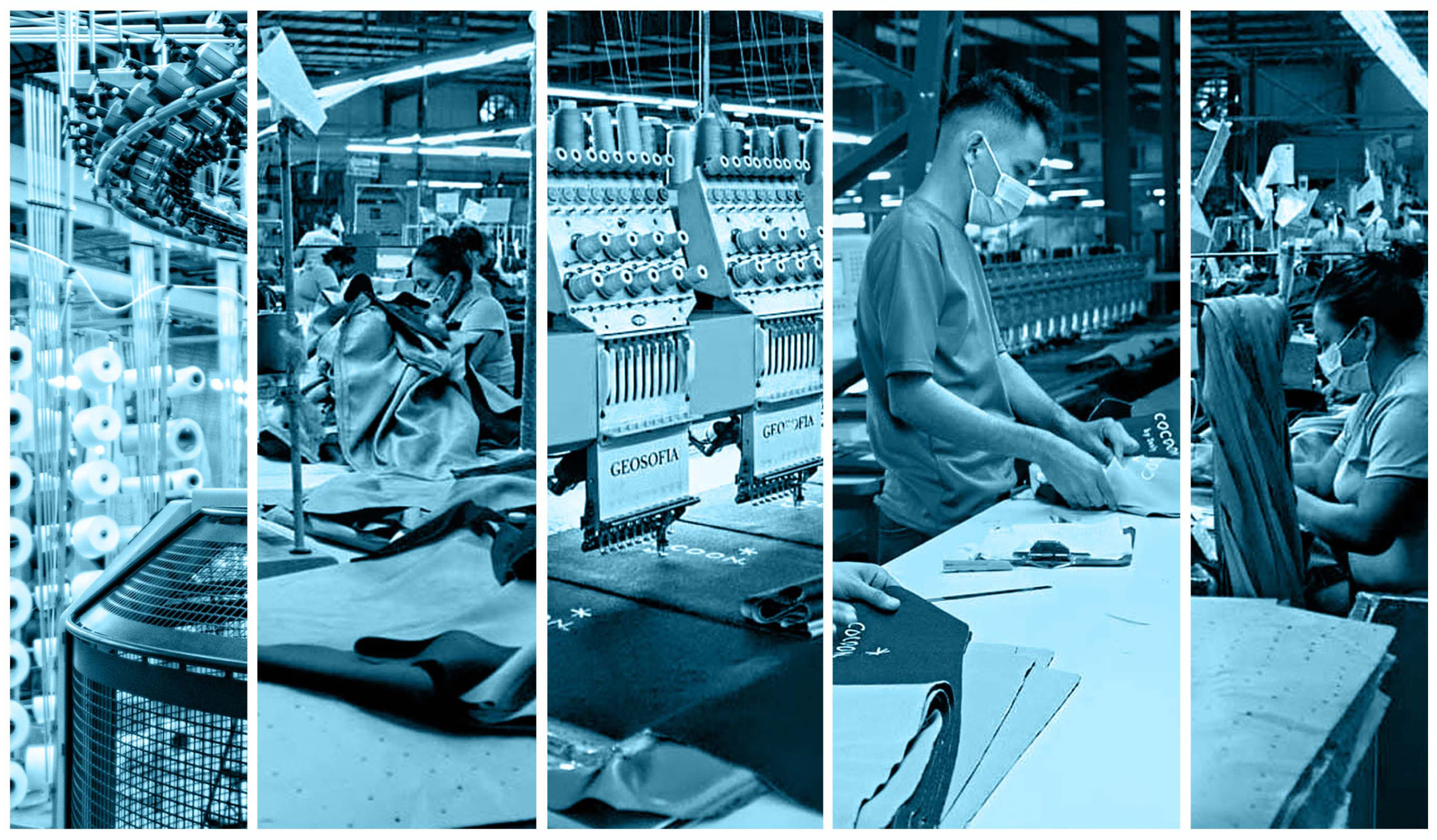 Collage of Zonkd production-floor photos showing sewing, embroidery and fabric cutting